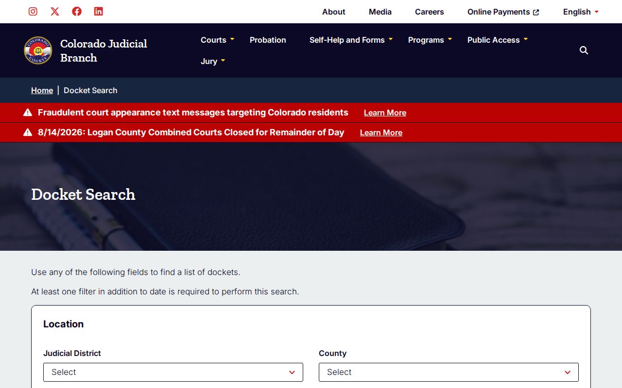 Moffat County case search form on Colorado Judicial Branch