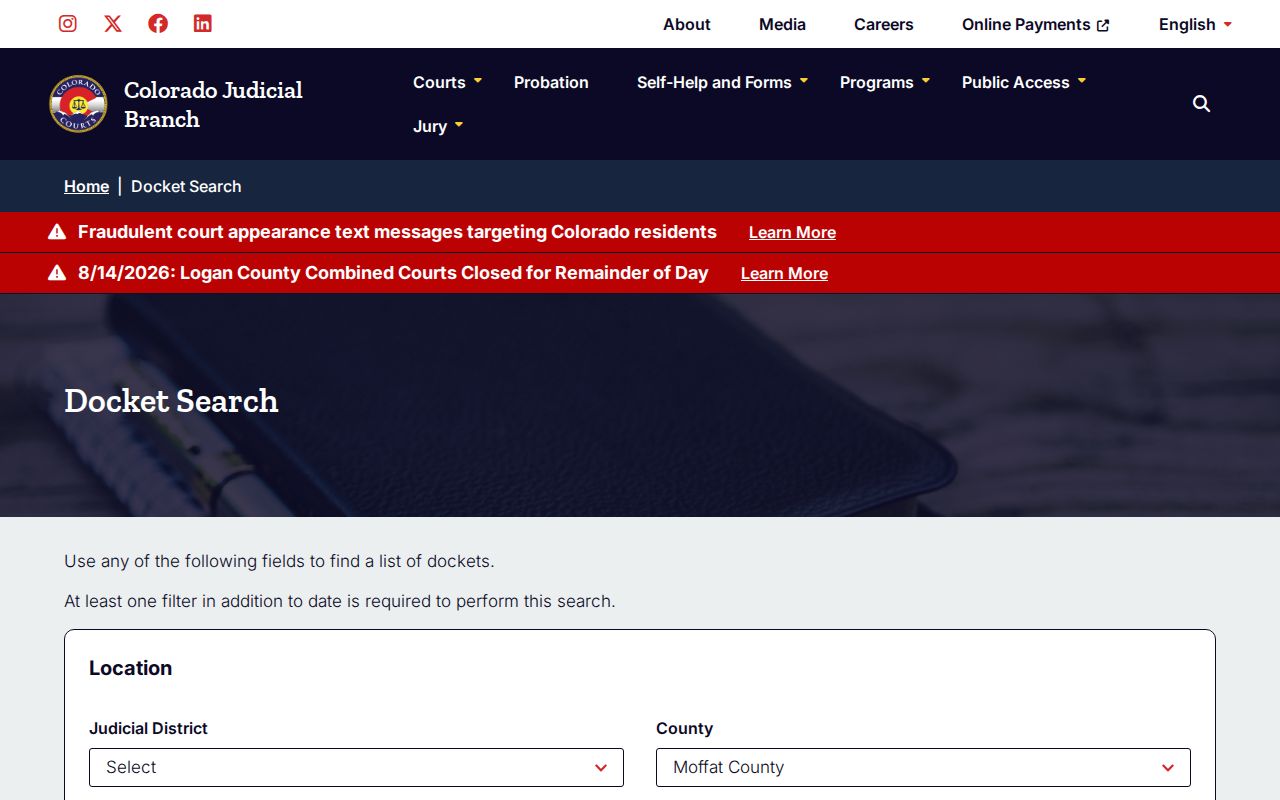 Moffat County case search filtered result page