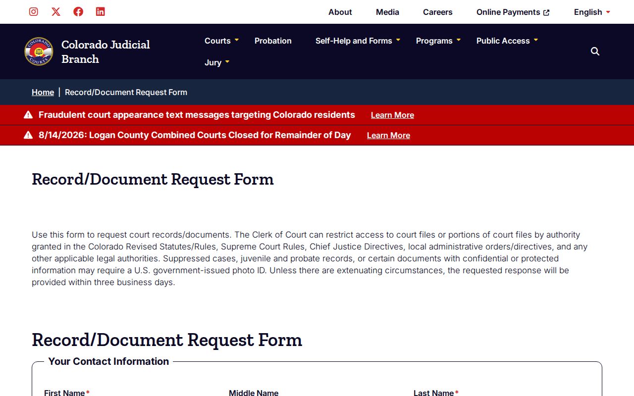 Moffat County court records request contact fields