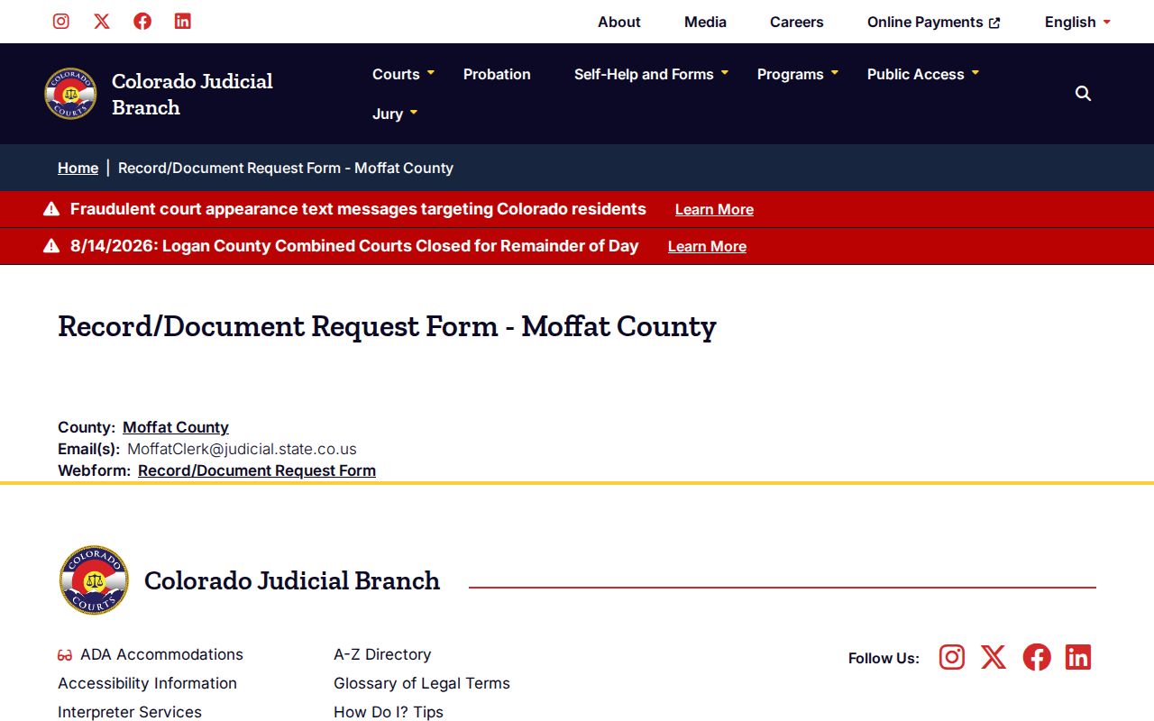 Moffat County court records request routing page
