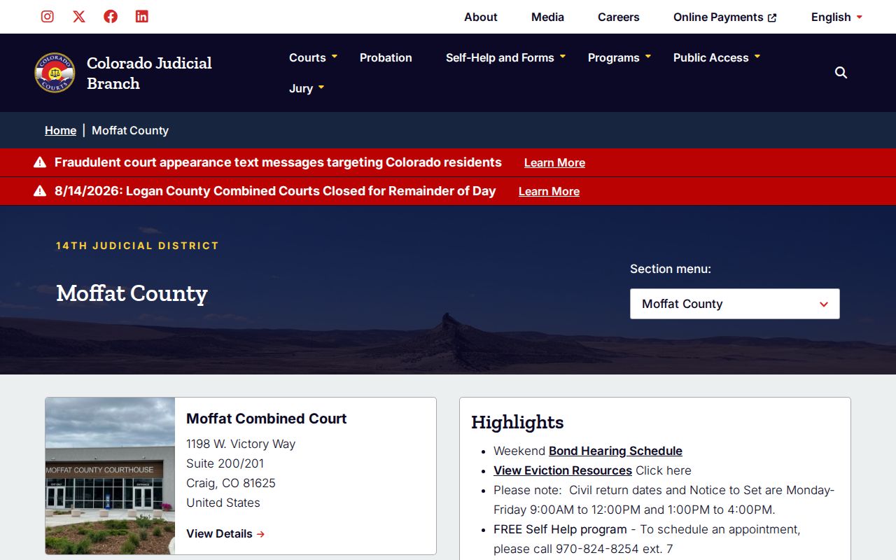Moffat County court docket information on the Combined Court page